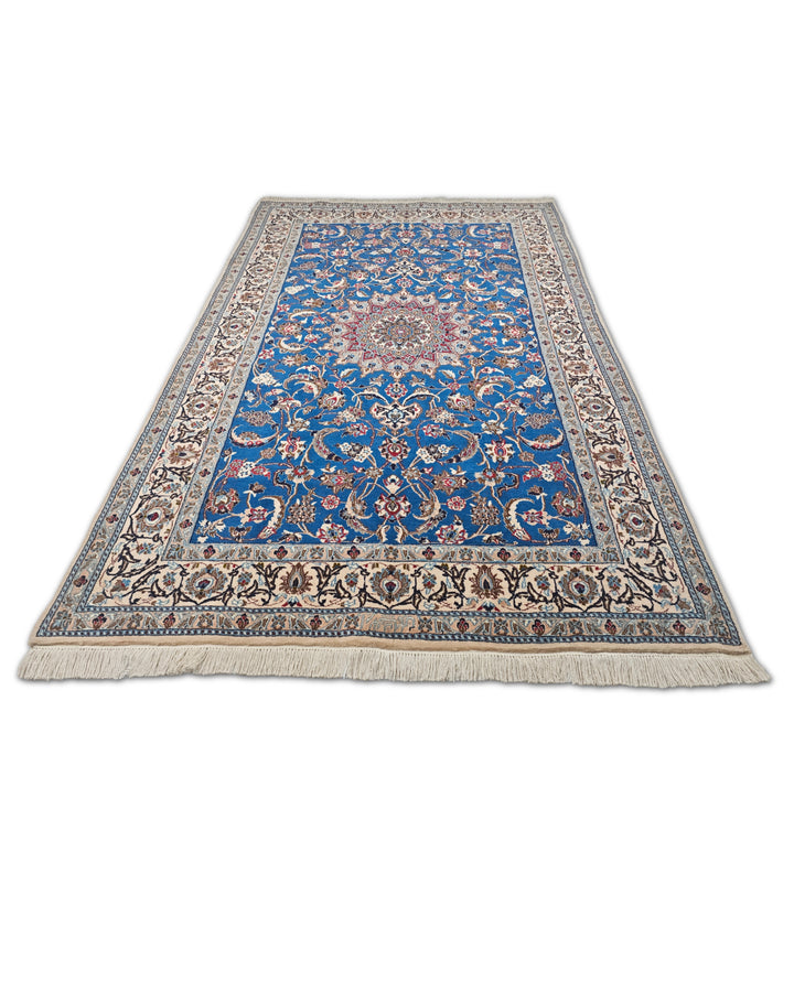 Cobalt Blue and Ivory Medallion Nain, Hand-Knotted Wool Rug