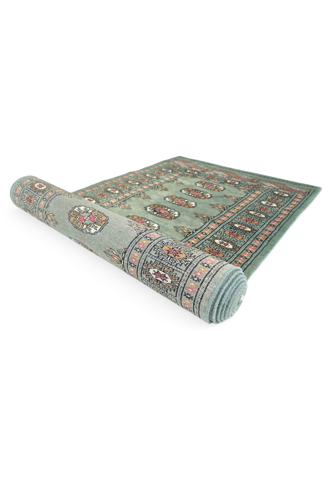 Sage and Gold Single Column Gül Bokhara, Hand-Knotted Wool Rug
