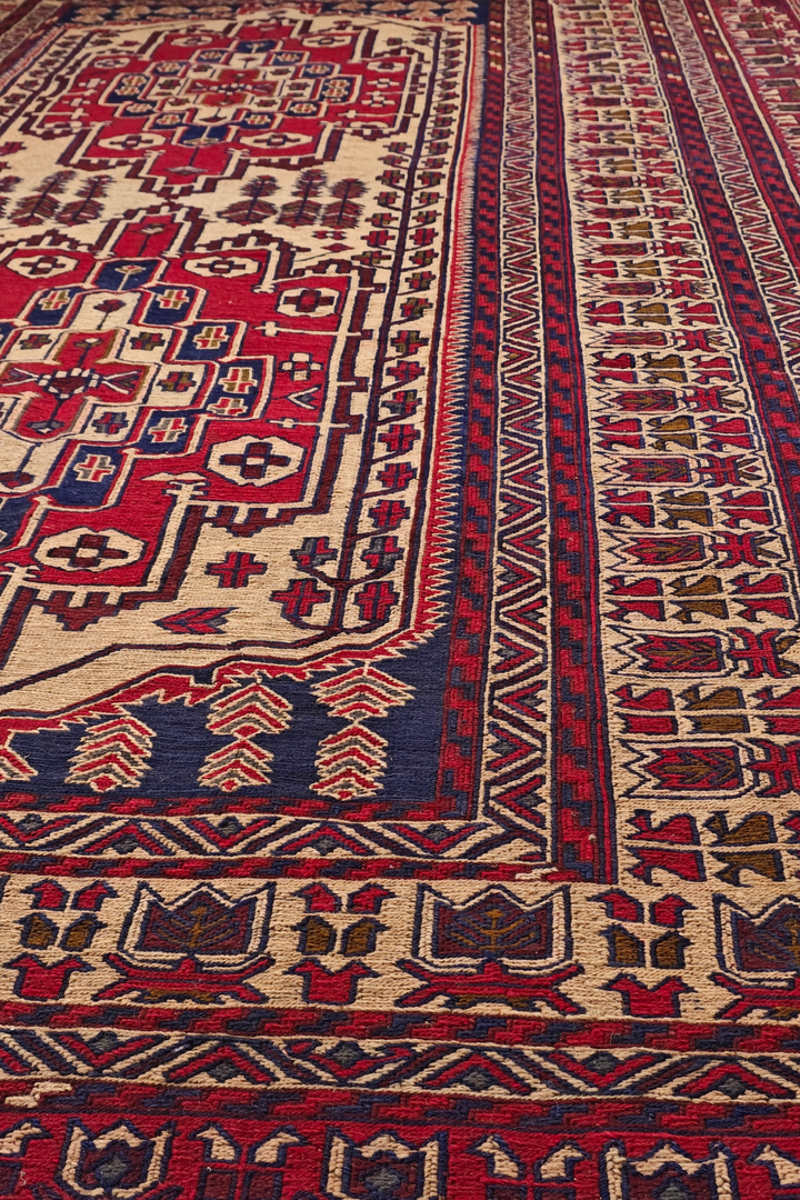 Deep Red and Camel Stepped Turkmen Medallion Kilim, Hand-Woven Wool