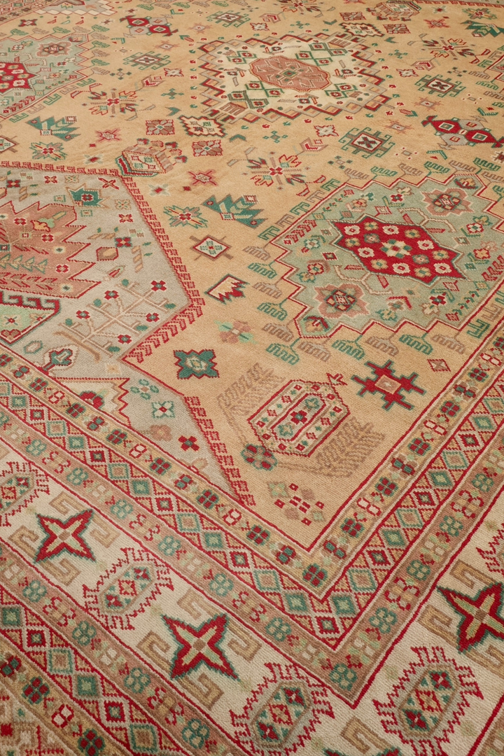 Camel and Coral Caucasian Medallion, Hand-Knotted Wool Rug