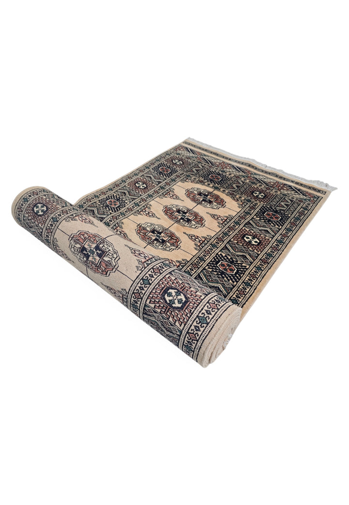 Camel and Navy Turkmen Gül Bokhara, Hand-Knotted Wool Rug