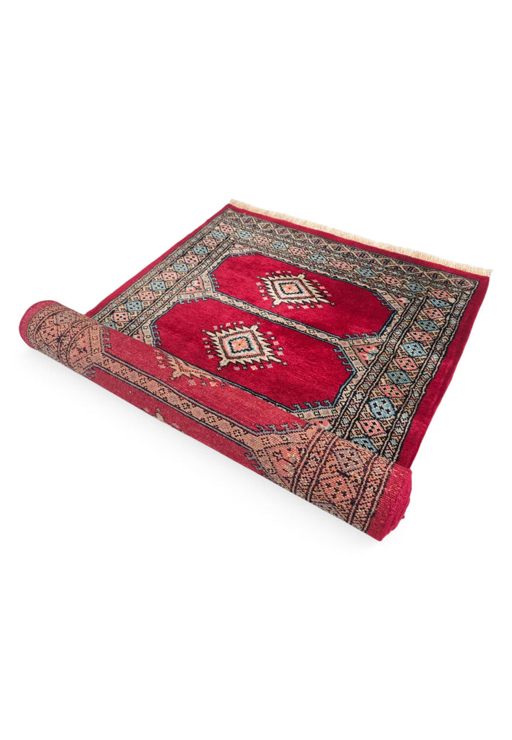 Crimson and Salmon Compartment Panel, Hand-Knotted Wool Rug