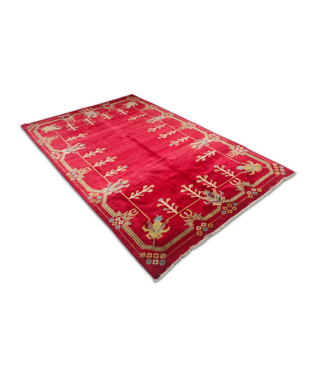 Deep Red and Cream Flowering Tree, Hand-Knotted Wool Rug