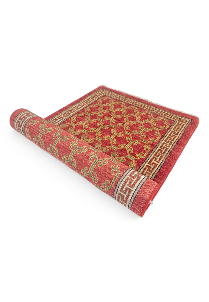 Brick Red and Camel Meander Lattice, Hand-Knotted Wool Rug
