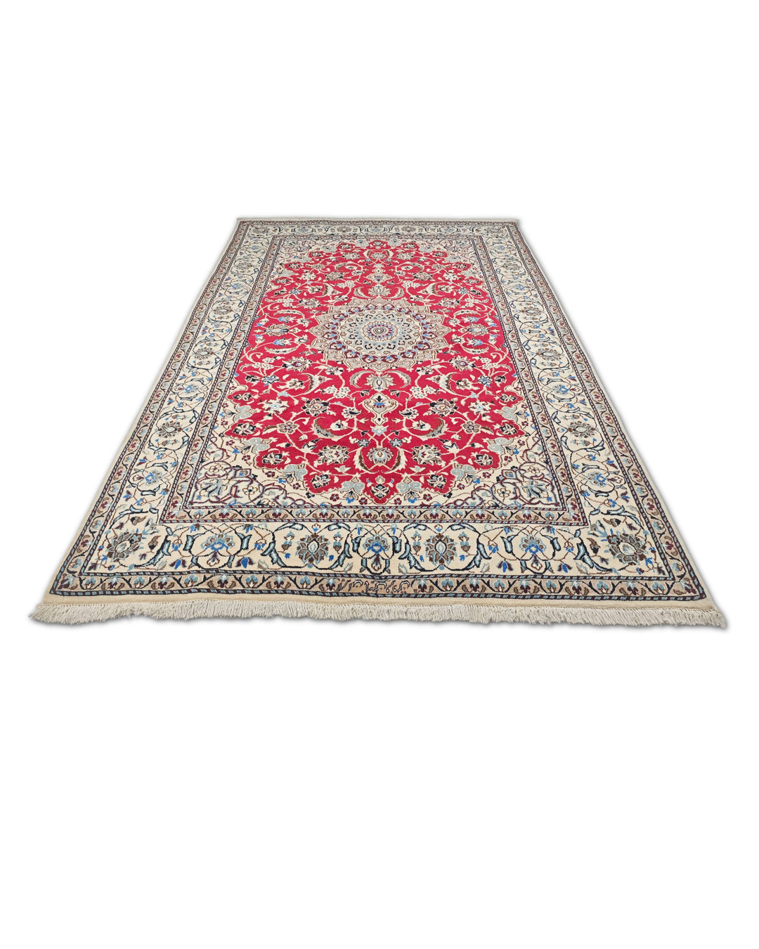 Red and Ivory Medallion Nain, Hand-Knotted Wool Rug