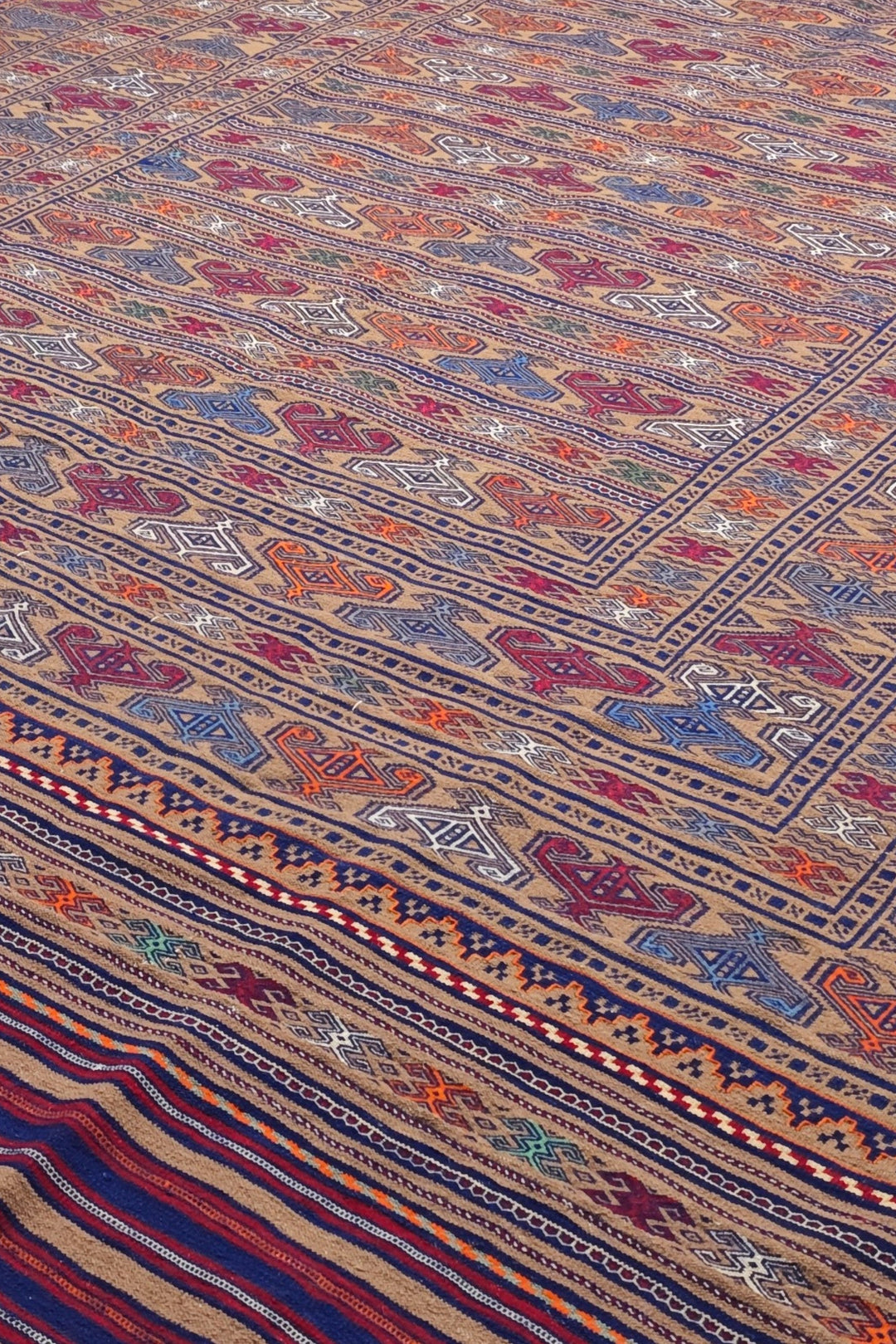 Camel and Burgundy Banded Kilim, Hand-Woven Wool