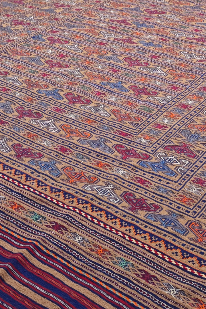 Camel and Burgundy Banded Kilim, Hand-Woven Wool