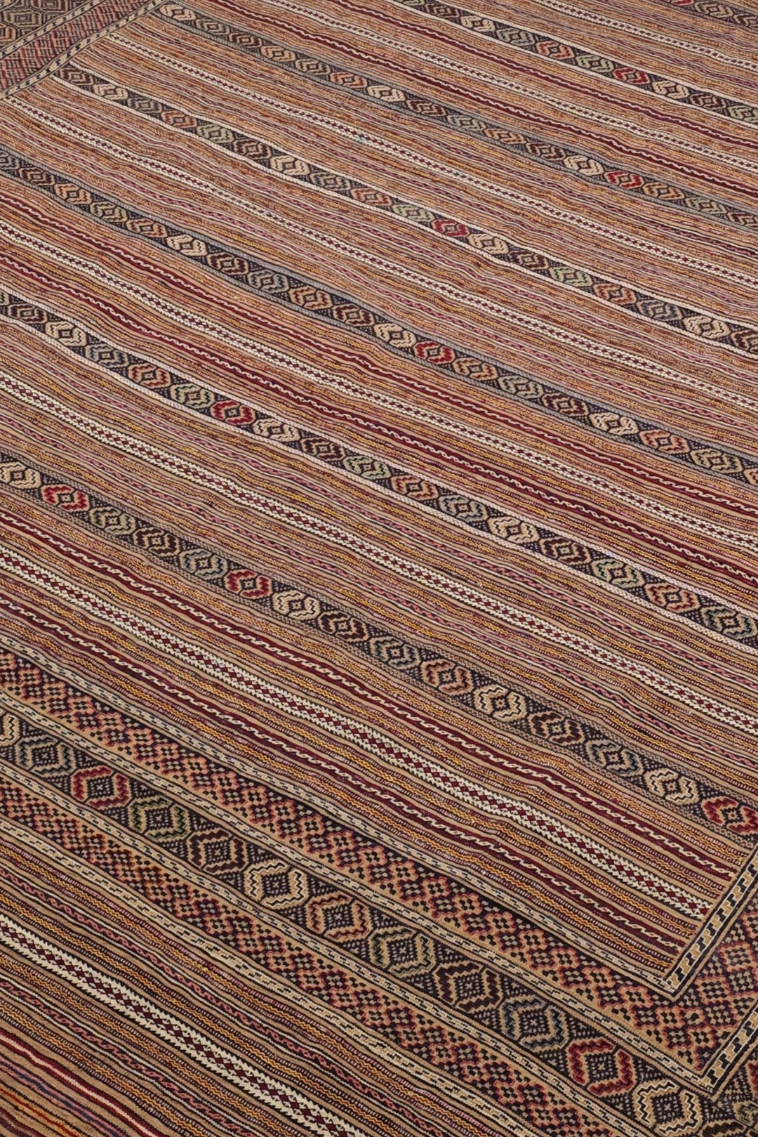 Taupe and Cream Banded Kilim, Hand-Woven Wool