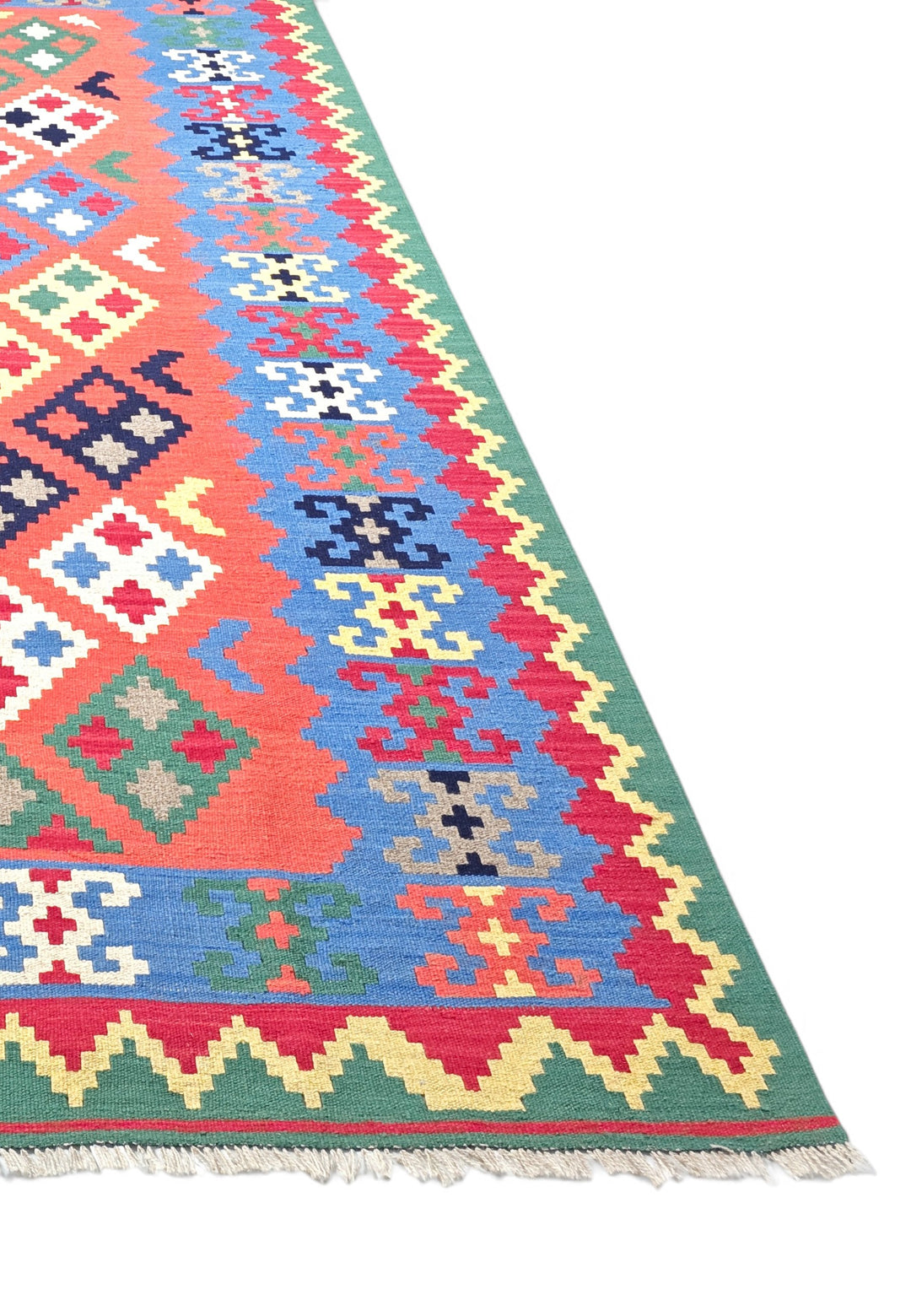 Coral and Green Qashqai Diamond Kilim, Hand-Woven Wool