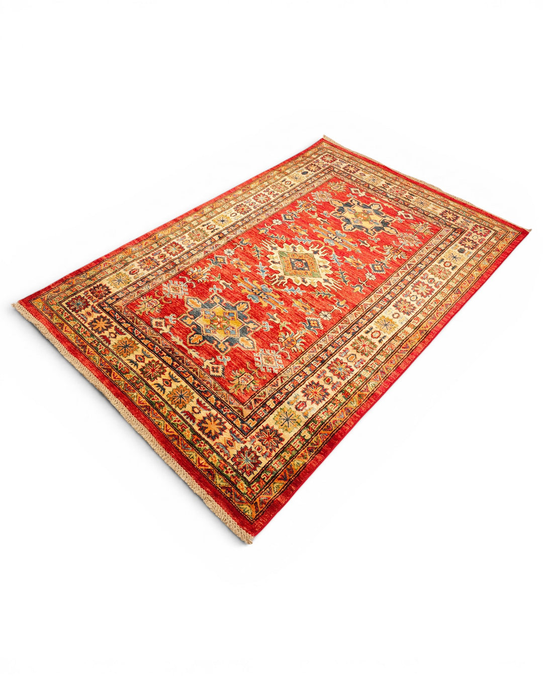 Red &amp; Gold Star Kazak Rug, Hand-Knotted Afghan Wool