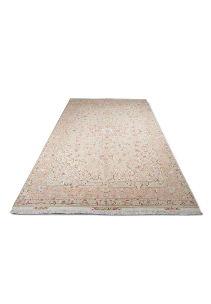 Ivory and Peach Scrolling Leaf Medallion Tabriz, Hand-Knotted Wool Rug