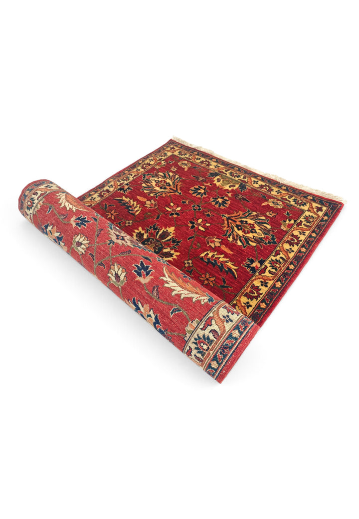 Red and Gold Palmette Qadeem Chobi, Hand-Knotted Wool Rug