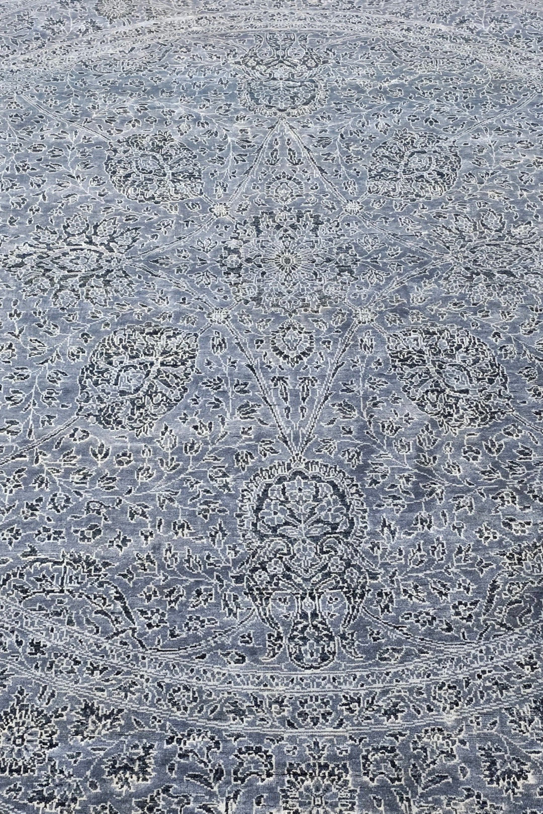 Slate Blue and Silver Floral Round, Hand-Knotted Wool and Silk Rug