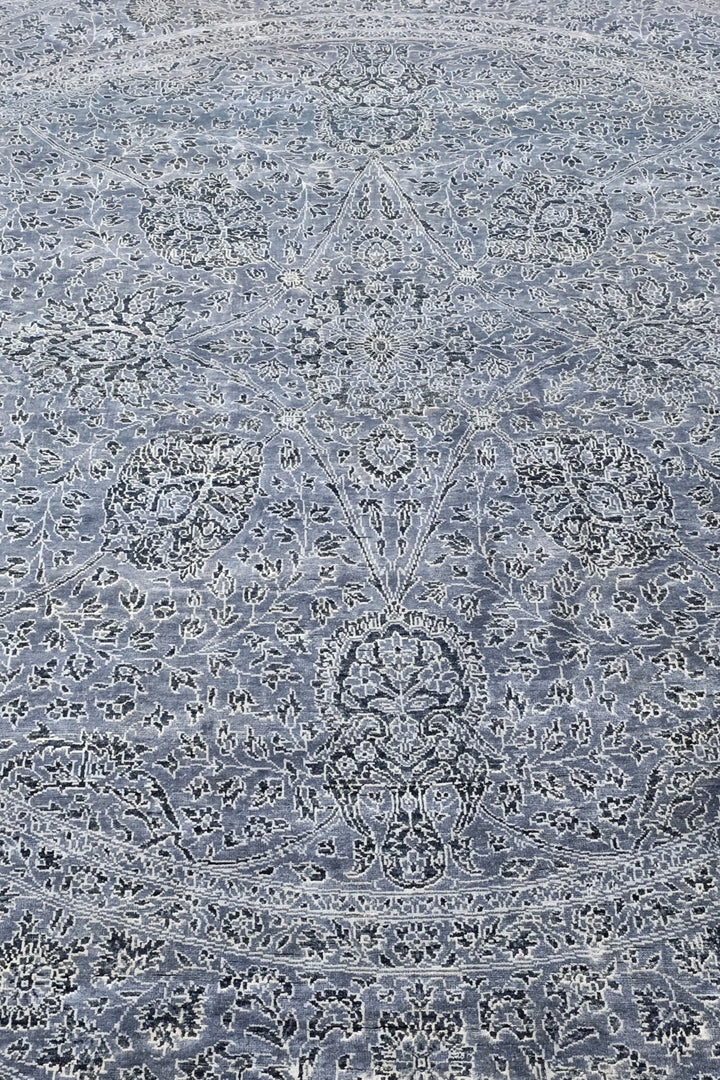 Slate Blue and Silver Floral Round, Hand-Knotted Wool and Silk Rug