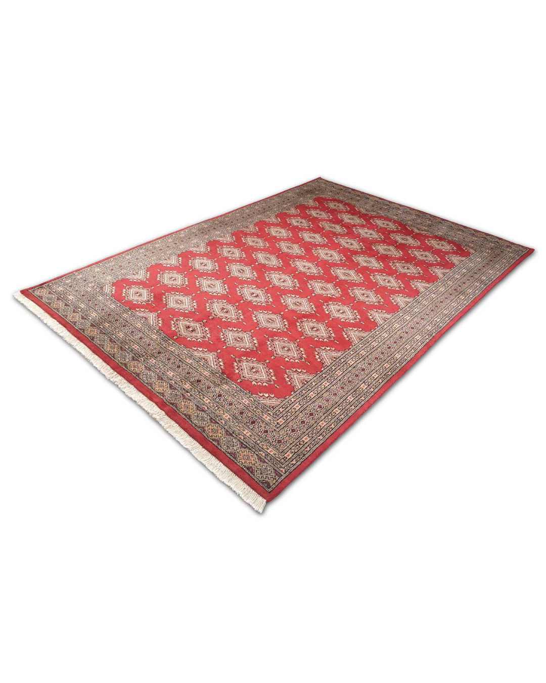 Brick Red and Camel Jaldar Star Gül, Hand-Knotted Wool Rug