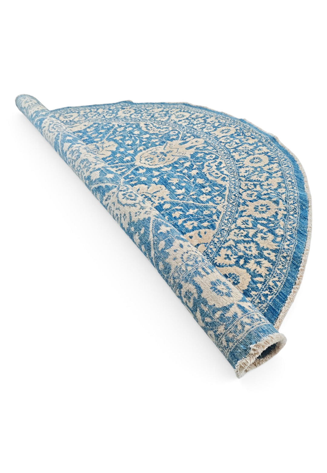 Slate Blue and Cream Radial Floral Round, Hand-Knotted Wool and Silk Rug