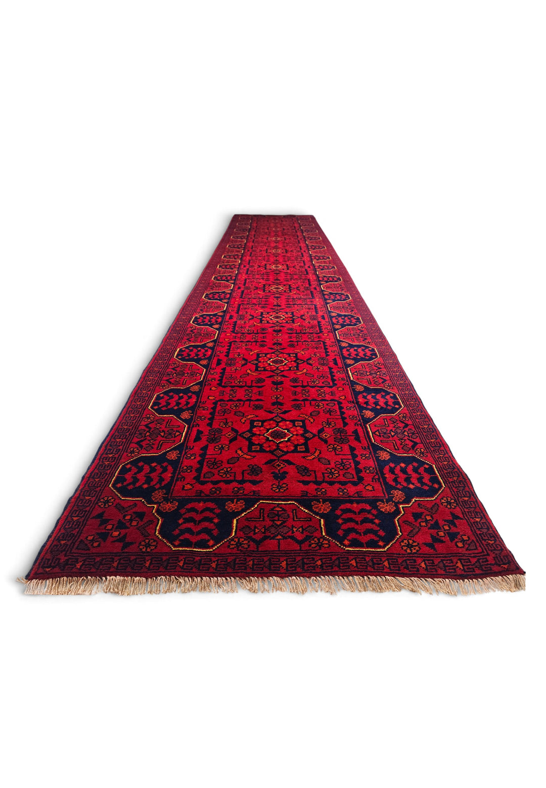 Cherry Red and Navy Khan Muhammadi Runner, Hand-Knotted Wool