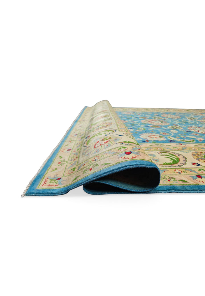 Turquoise and Cream Floral Ghazni, Hand-Knotted Wool Rug