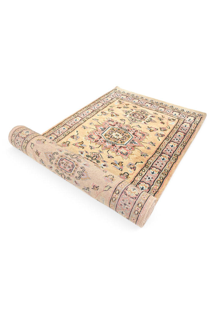 Golden and Rose Jaldar Medallion, Hand-Knotted Wool and Silk Rug
