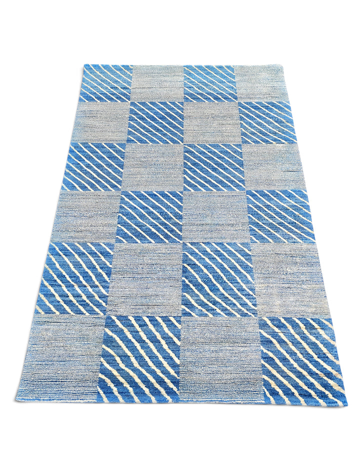 Coastal Check Gabbeh, Hand-Knotted Afghan Wool Rug