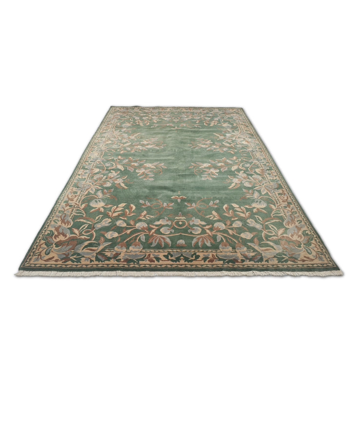 Green and Camel Gol Farang Floral, Hand-Knotted Wool Rug