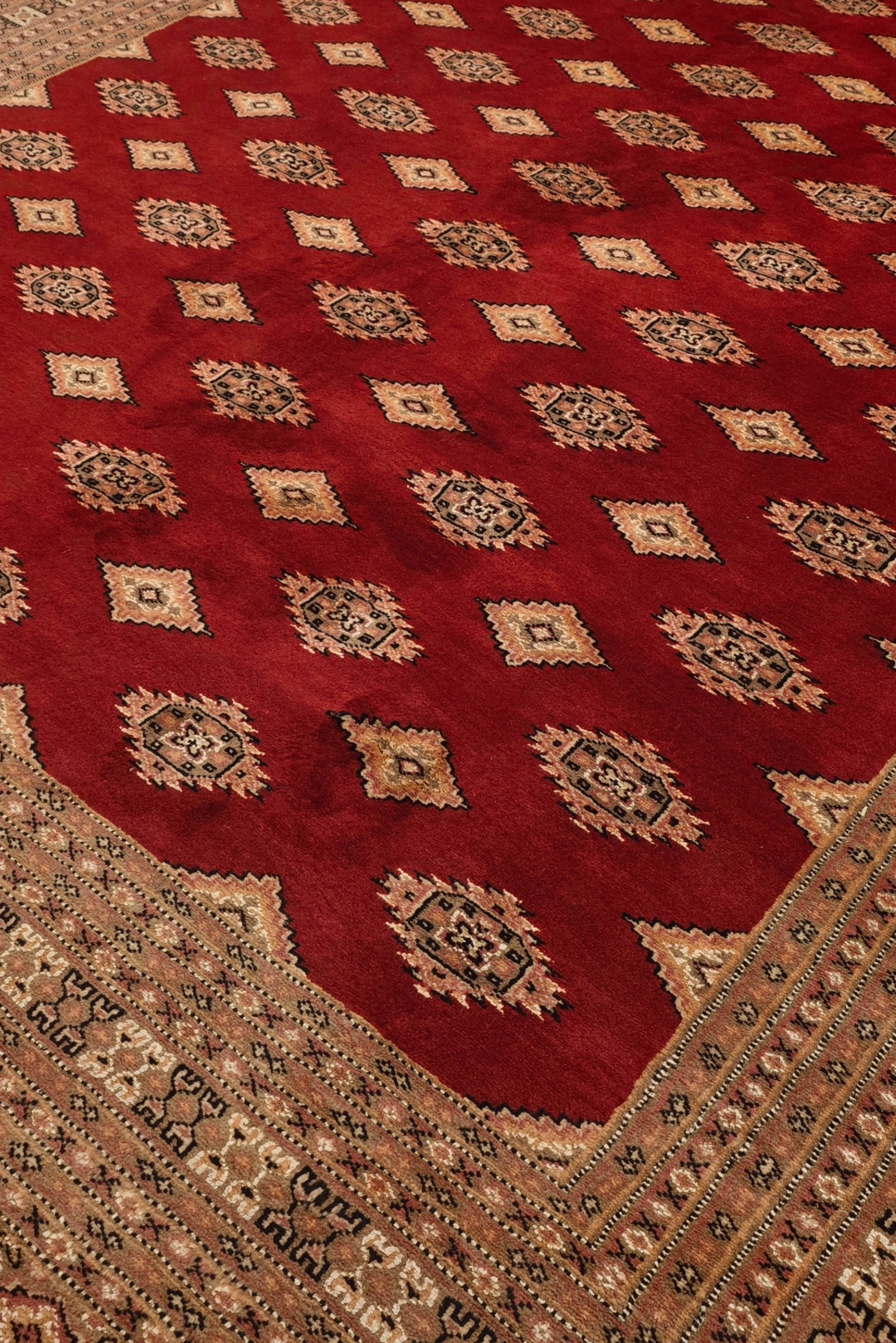 Oxblood and Tan Jaldar Alternating Diamond, Hand-Knotted Wool and Silk Rug