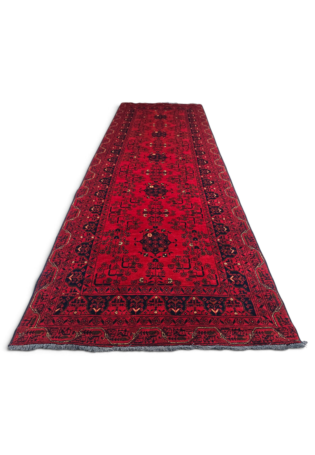 Bright Red and Navy Khan Muhammadi Runner, Hand-Knotted Wool