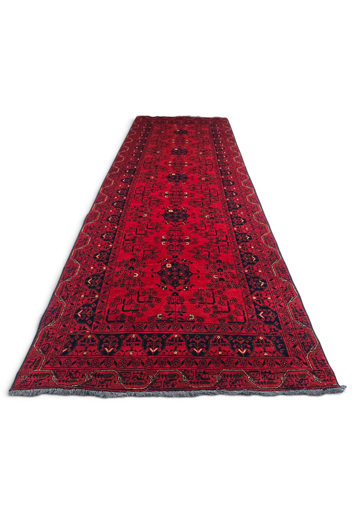 Bright Red and Navy Khan Muhammadi Runner, Hand-Knotted Wool