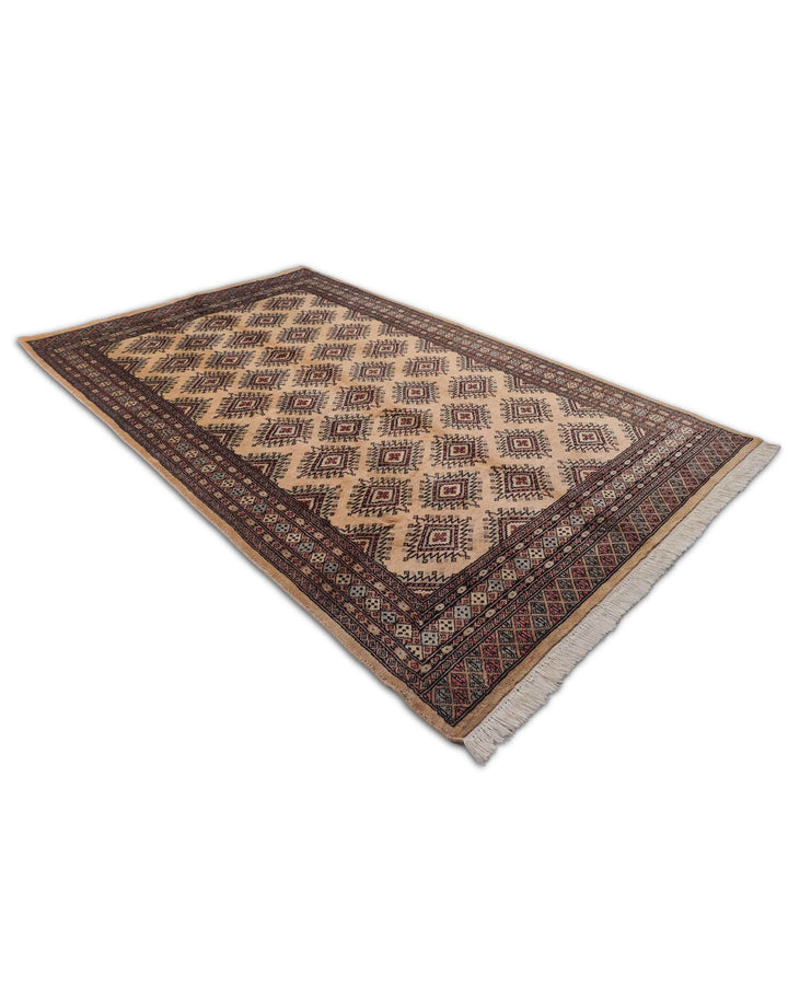 Cream and Brown Jaldar Stepped Diamond, Hand-Knotted Wool Rug