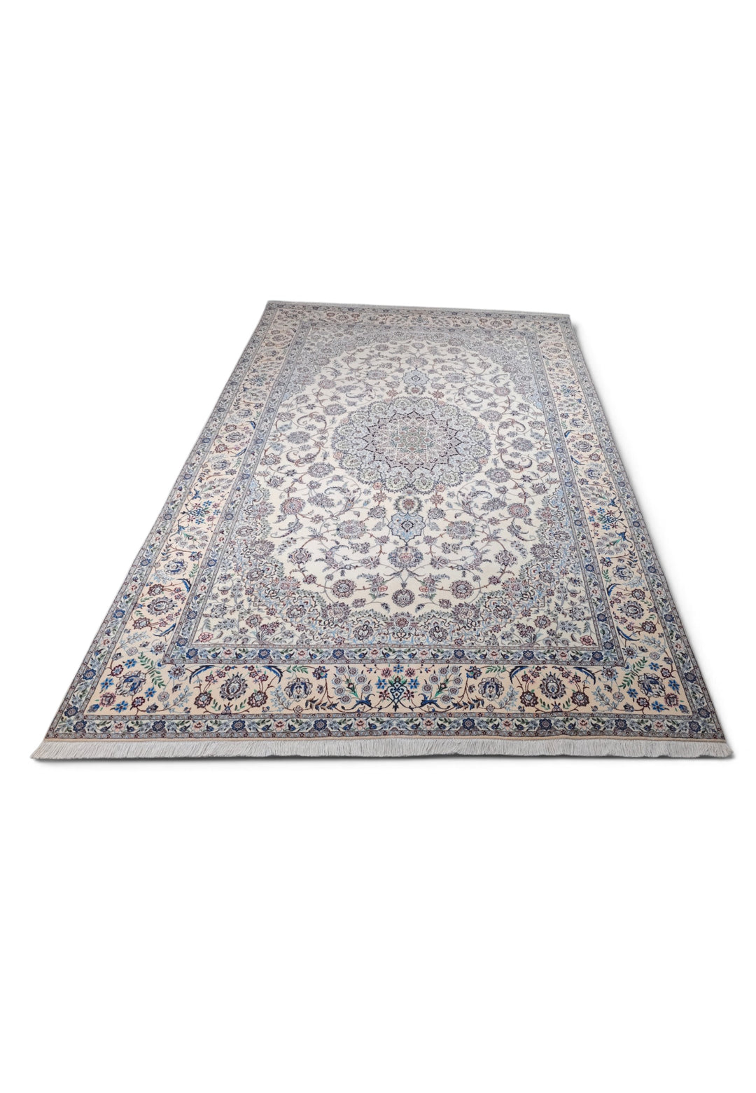 Ivory and Blue Bird Border Medallion Nain, Hand-Knotted Wool Rug