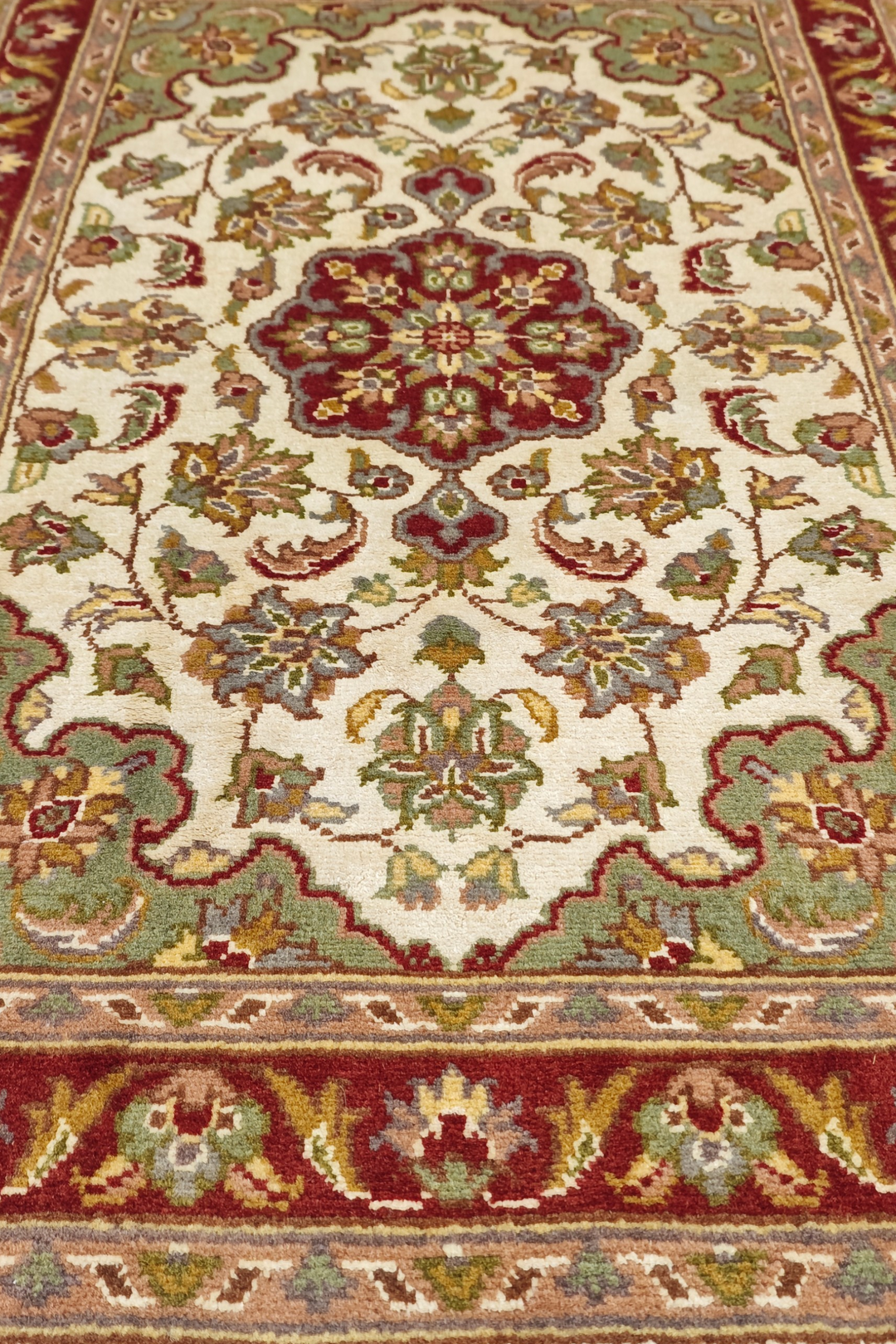 Ivory and Deep Red Medallion Tabriz, Hand-Knotted Wool and Silk Rug