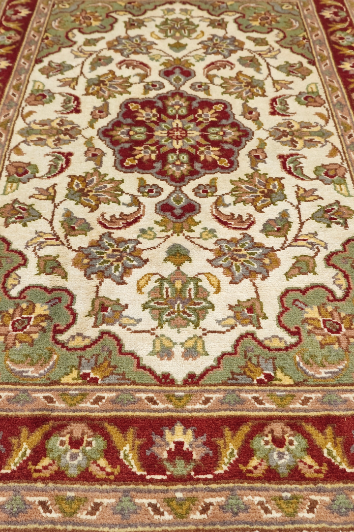 Ivory and Deep Red Medallion Tabriz, Hand-Knotted Wool and Silk Rug