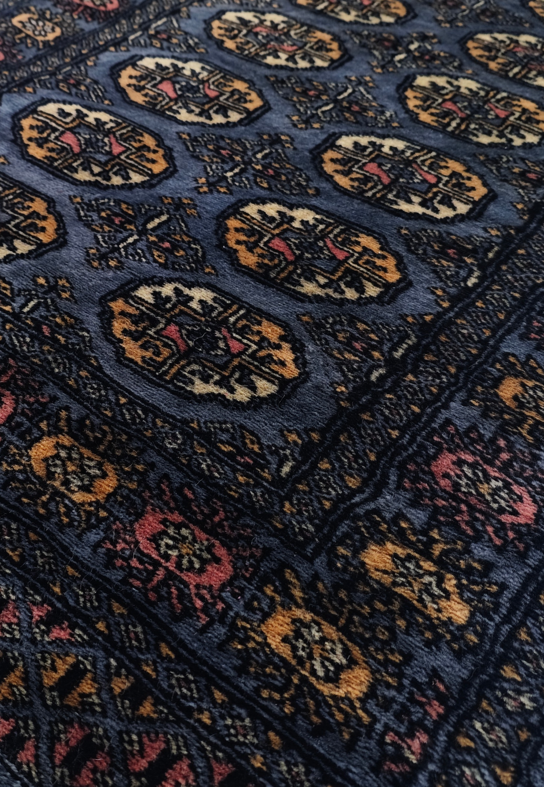 Slate Blue and Cream Turkmen Gül Bokhara, Hand-Knotted Wool Rug