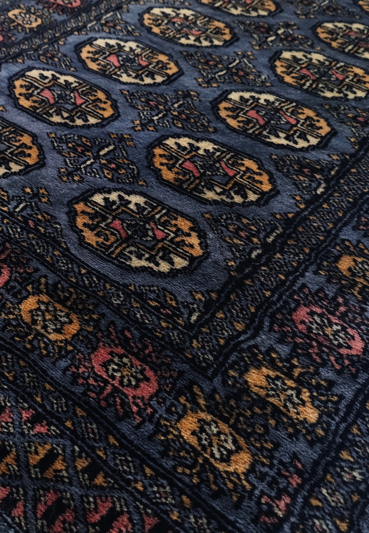 Slate Blue and Cream Turkmen Gül Bokhara, Hand-Knotted Wool Rug
