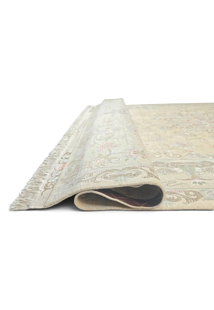 Cream and Soft Pink Medallion Tabriz, Hand-Knotted Wool Rug