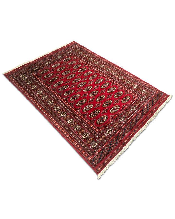 Bright Red Turkmen Gül Bokhara Rug, Hand-Knotted Pakistani Wool