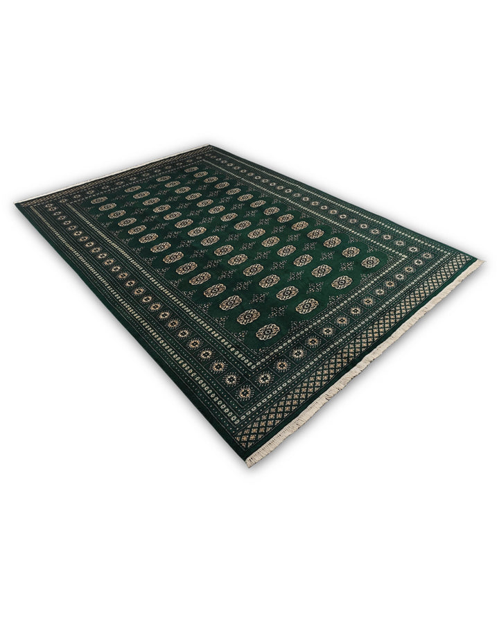 Forest Green Turkmen Gül Bokhara Rug, Hand-Knotted Pakistani Wool