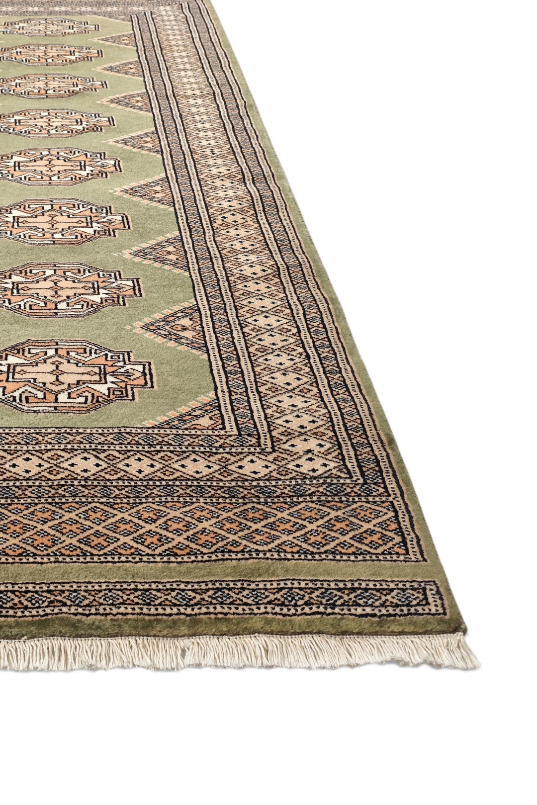 Olive Green and Beige Yamoud Rug, Hand-Knotted Wool