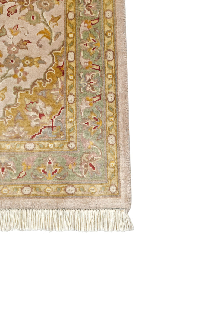 Blush and Ochre Medallion Tabriz, Hand-Knotted Wool and Silk Rug
