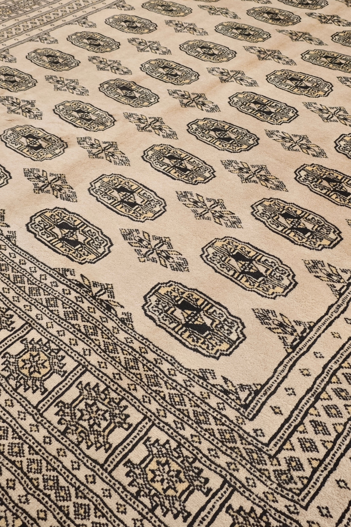 Cream and Walnut Turkmen Gül Bokhara, Hand-Knotted Wool Rug