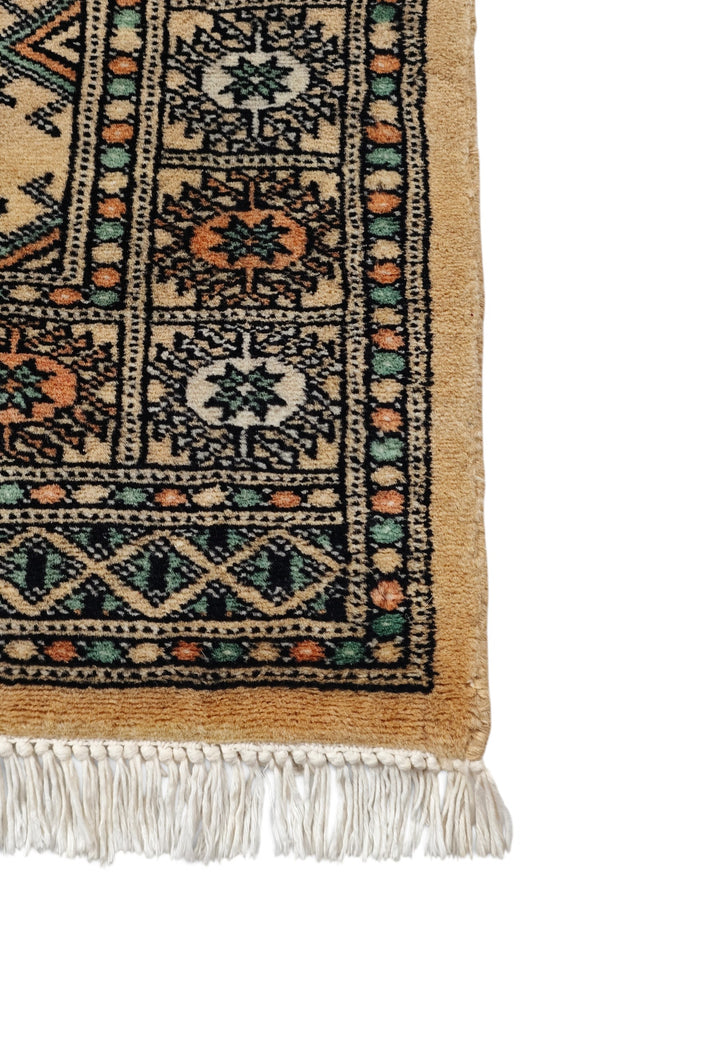 Camel and Sea Green Turkmen Gül Bokhara, Hand-Knotted Wool Rug