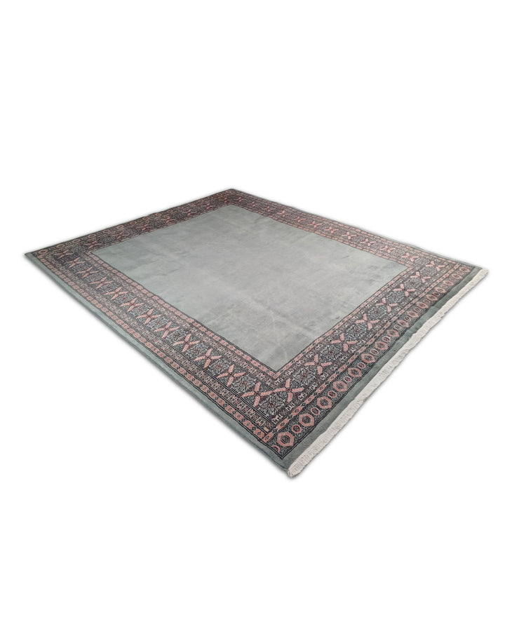 Sage Green and Rose Plain Field Bokhara, Hand-Knotted Wool Rug