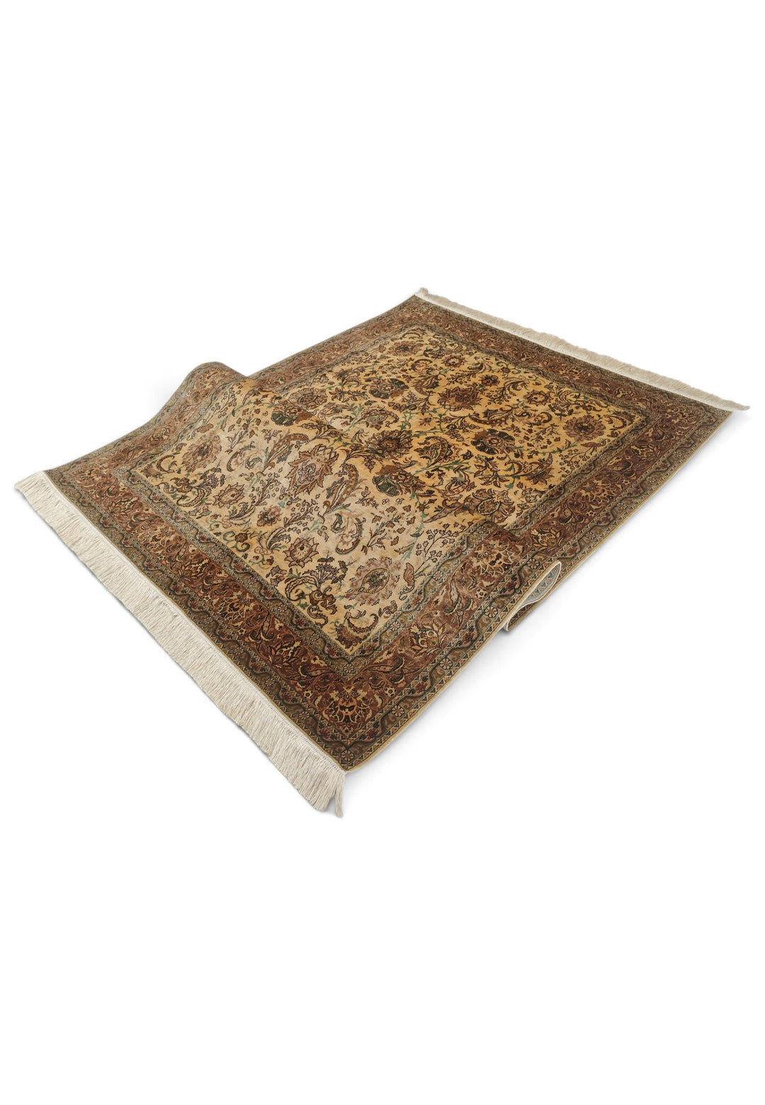 Gold and Brown Afshan All-Over Floral, Hand-Knotted Silk Rug