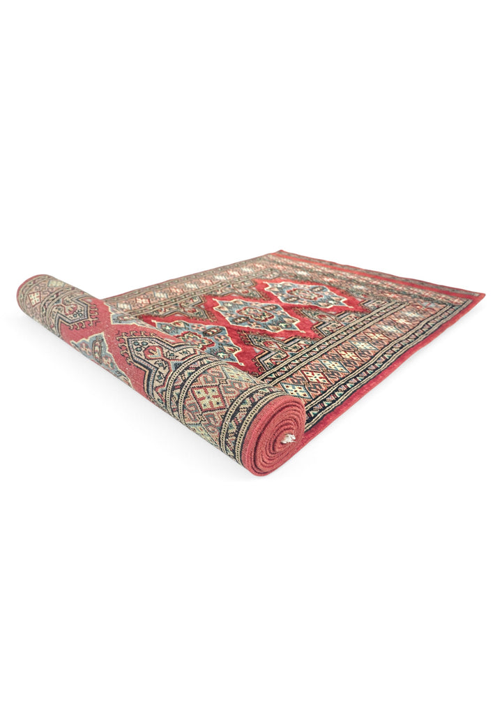 Crimson and Sea Green Jaldar Lozenge, Hand-Knotted Wool Rug