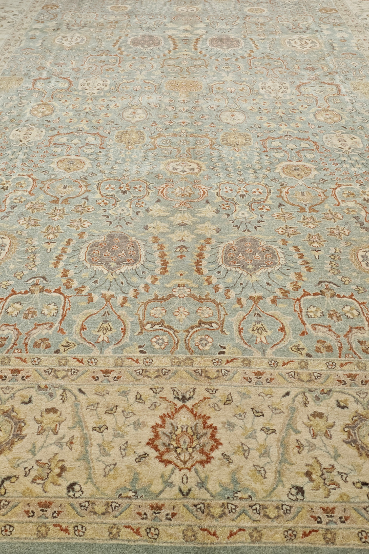 Pale Sage and Sandstone Floral Ghazni, Hand-Knotted Wool Rug