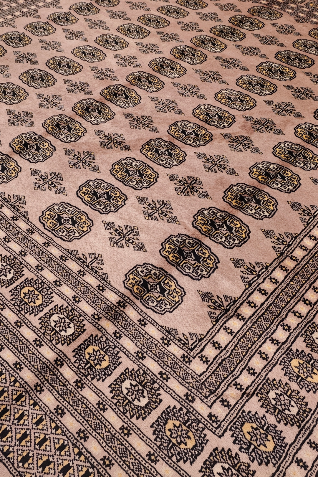 Dusty Taupe Turkmen Gül Bokhara Square Rug, Hand-Knotted Pakistani Wool