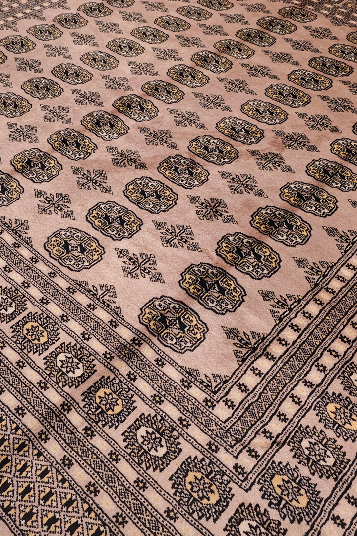 Dusty Taupe Turkmen Gül Bokhara Square Rug, Hand-Knotted Pakistani Wool