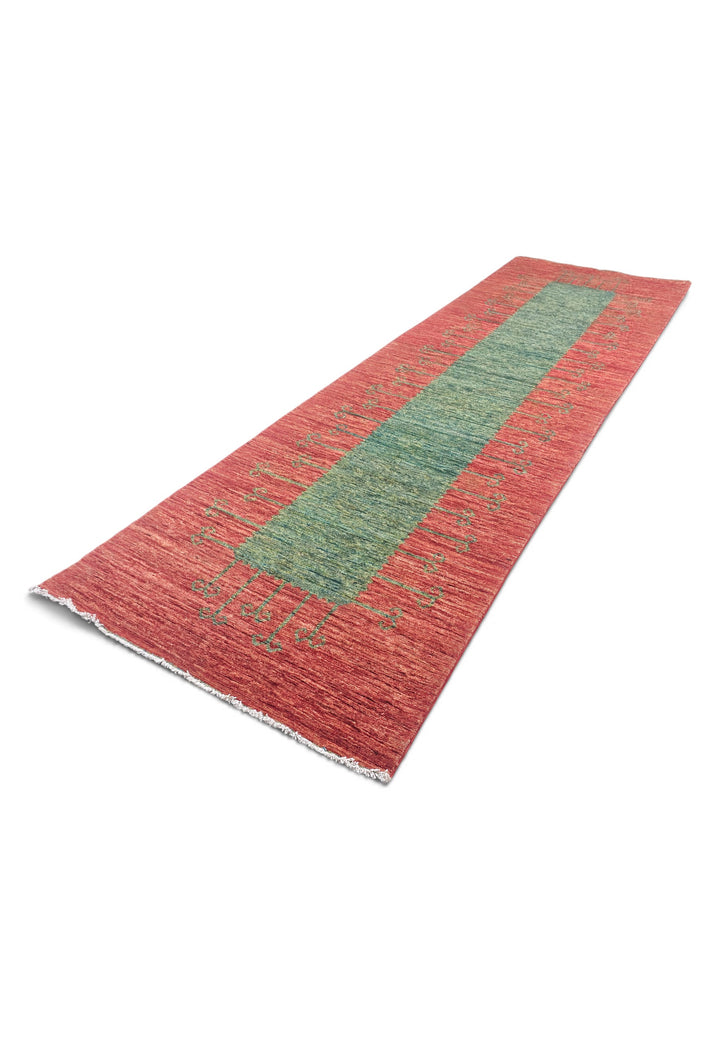 Terracotta Red and Green Panel Gabbeh, Hand-Knotted Wool Rug