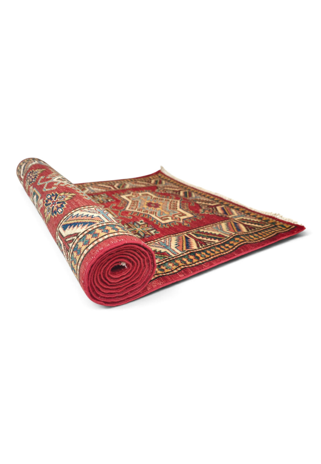Deep Red and Cream Stepped Medallion Kazak, Hand-Knotted Wool Rug