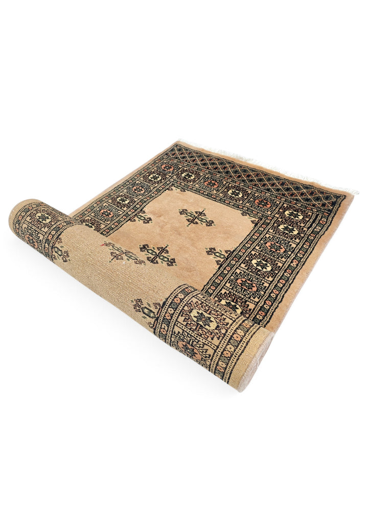 Camel and Espresso Open Field Bokhara, Hand-Knotted Wool Rug
